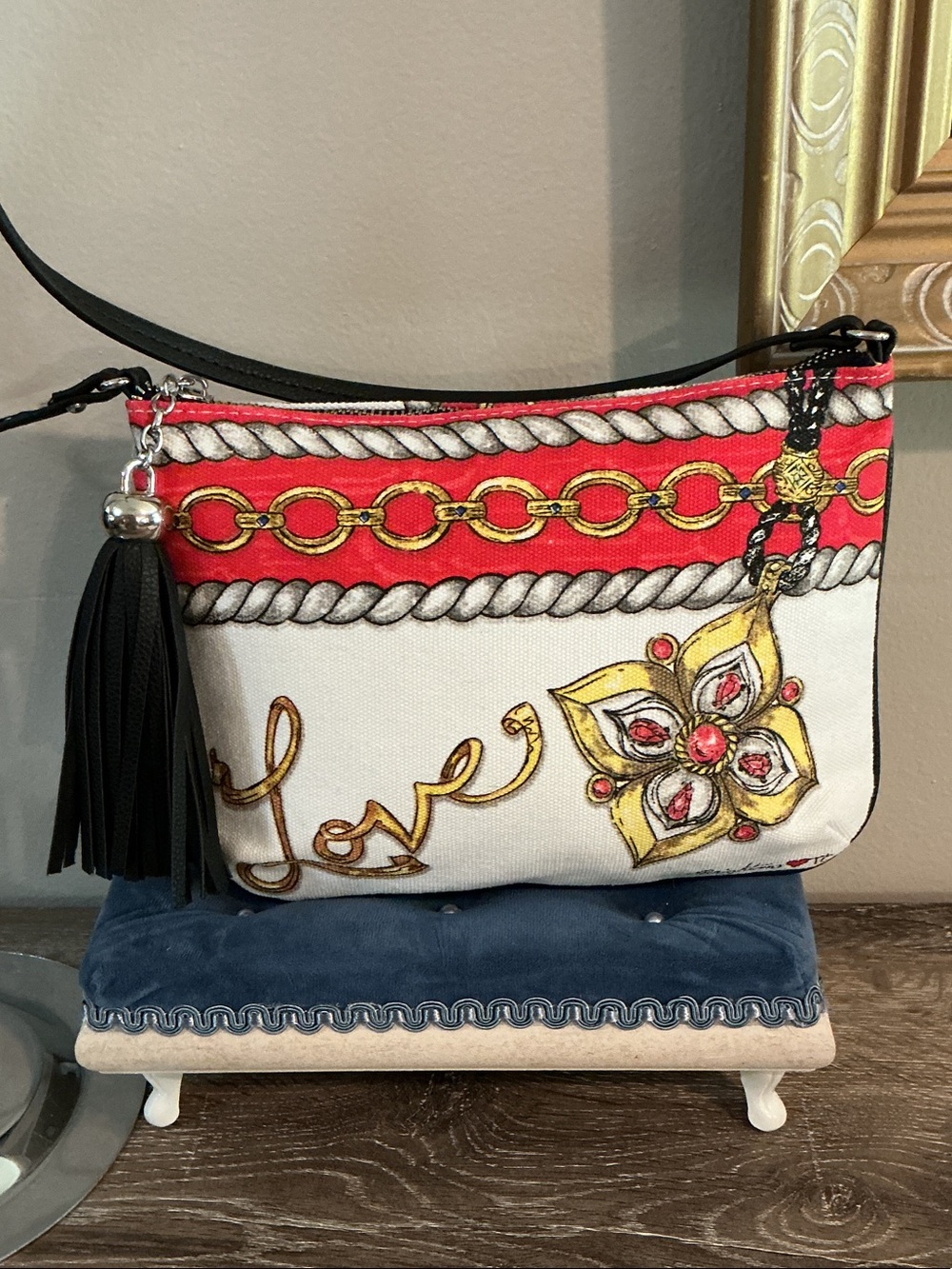 Brighton Glitter & Go Pouch Crossbody Bag Canvas Black Tassel 9.25x6.25 EUC